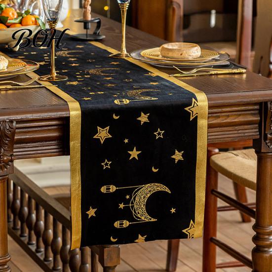 Modern Table Dressing Eid Mubarak Runner, Ramadan Gold Moon Stars Tablecloth, Islamic Happy Exquisite Home Furnishing Holiday Rectangular Cloth