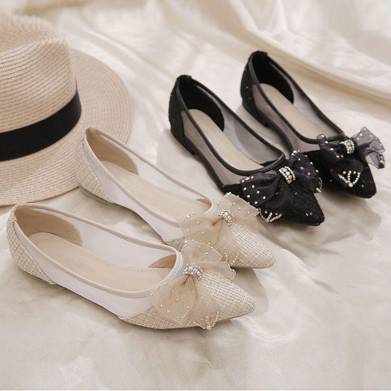 Korean version shallow mouth single shoes spring flat bottom student lace mesh grandma shoes fairy pointed beanie shoes