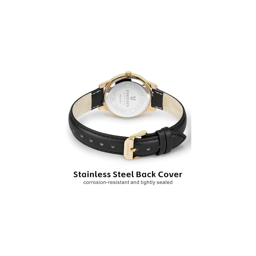 PINDOWS Women's Slim Minimalist Quartz Analog Watch Black Leather Strap Gold Tone Case Elegant Everyday Timepiece