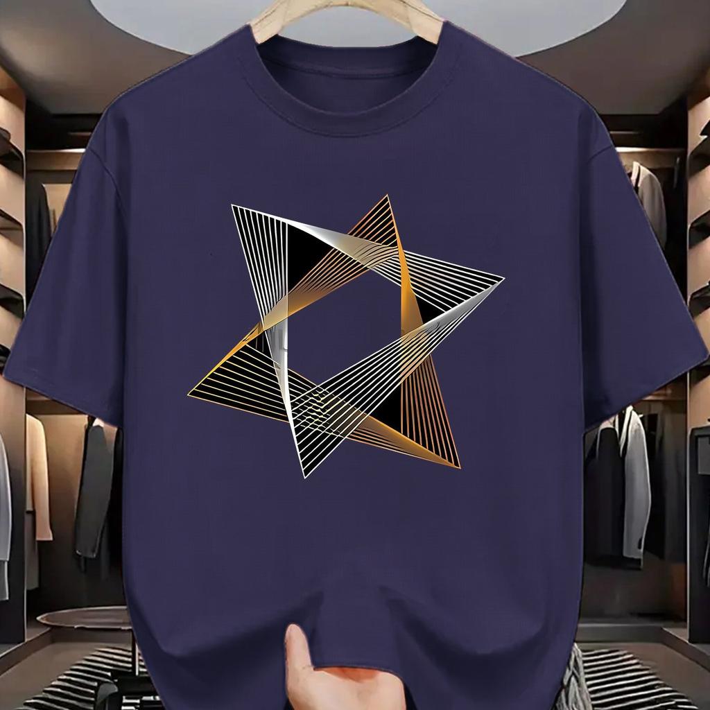 Geometric Star Print Mens Cotton TShirt Casual Short Sleeve Breathable Crew Neck Graphic Tee