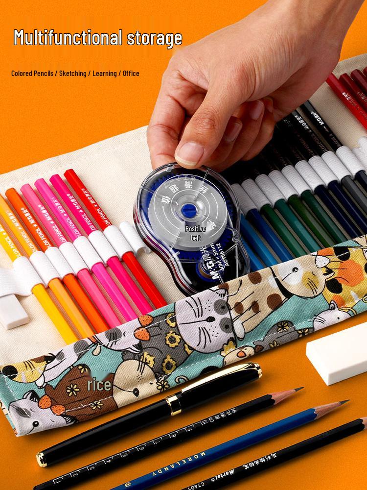 Large Capacity Canvas Roll-Up Pencil Case - 48 Holes for Colored & Sketch Pencils, Cute Design for Women & Students