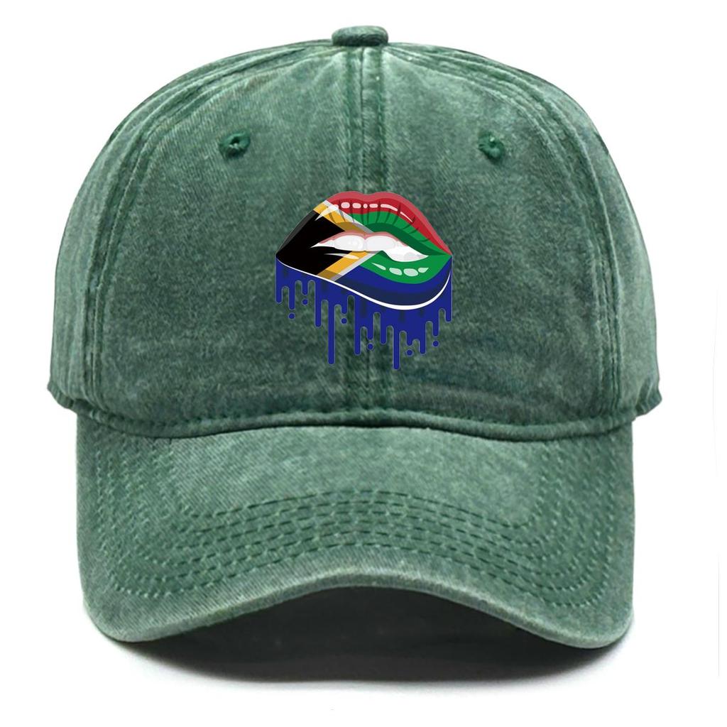 South Africa Flag Lip Print Snapback Sun Hat, Patriotic Flat Cap Hip Hop Leisure Sporting Retro Adjustable Baseball Hat