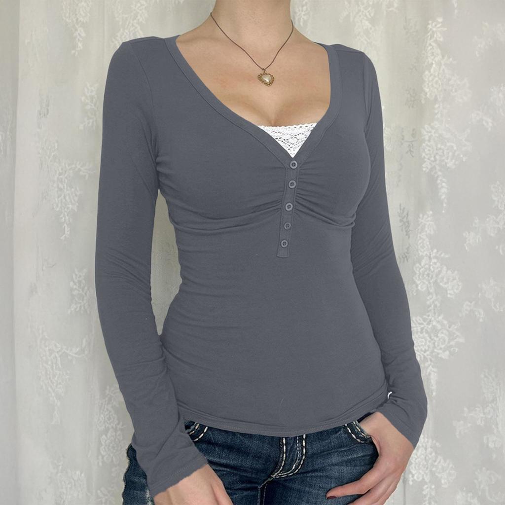 Women's Y2K Top Slim Button V-neck Long-sleeved Knitted T-shirt