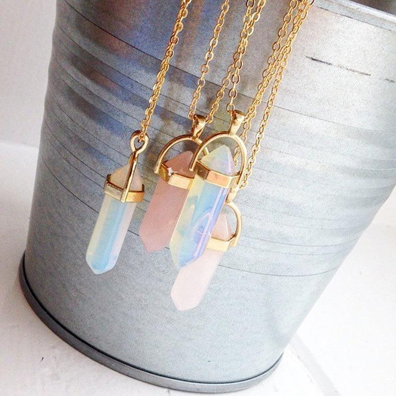 Opal Stone Hexagonal Column Quartz Necklaces for Women Natural Crystal Pendant Necklace Bohemian Statement Jewelry Gift