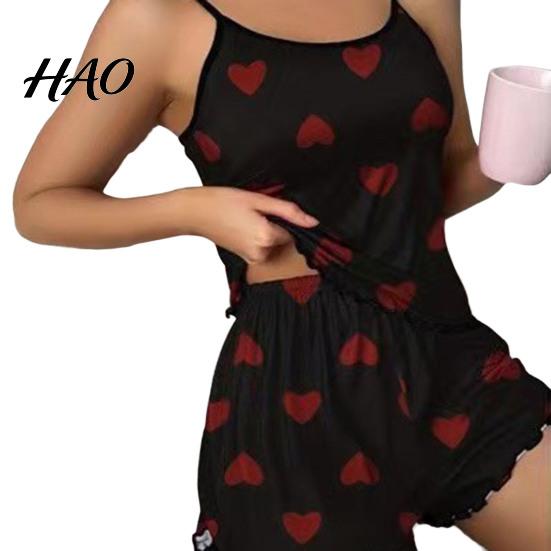 Lightweight Sleep Set Women s Cami Pajama Sleeveless Heart Print Tank Top And Skin-friendly Loungewear Ruffle Shorts Sleepwear Summer Two Piece XL чёрный