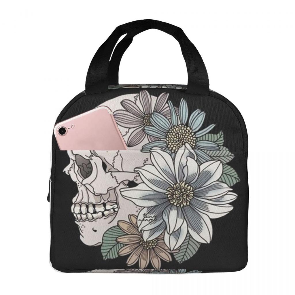 Vintage Gothic Skull Roses Insulated Lunch Bag for Women Kids Portable Food Boxes Thermal Lunch Box Tote