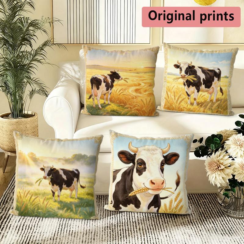 Farm Cow Wheat Field Throw Pillow Covers Pattern Cushion Cover Suitable For Sofa Bedroom Car Pillow Cover