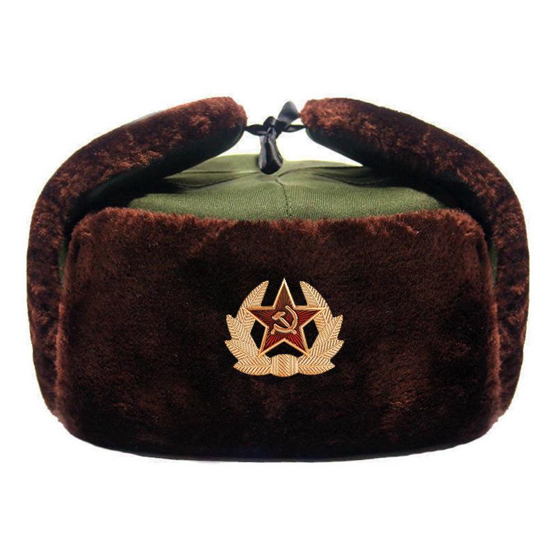 

Мужская зимняя шапка в советском стиле, устойчивая к холоду, из кожи военного зеленого цвета с кокардой Medium (57-58CM)