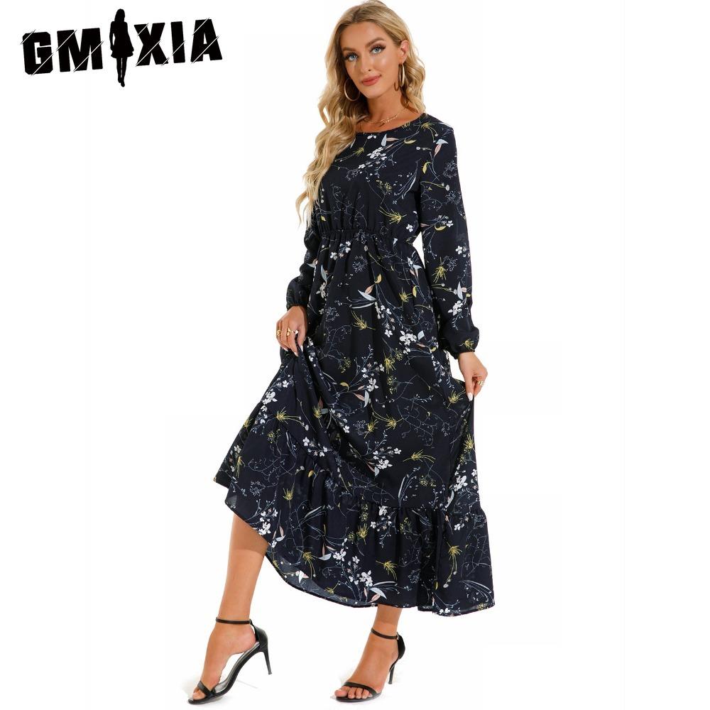 GMXIA Spring Summer Bohemian Women Maxi Dress Casual Long Sleeve High Waist Beach Dress Women Floral Chiffon Dresses Vestidoes Mujer New