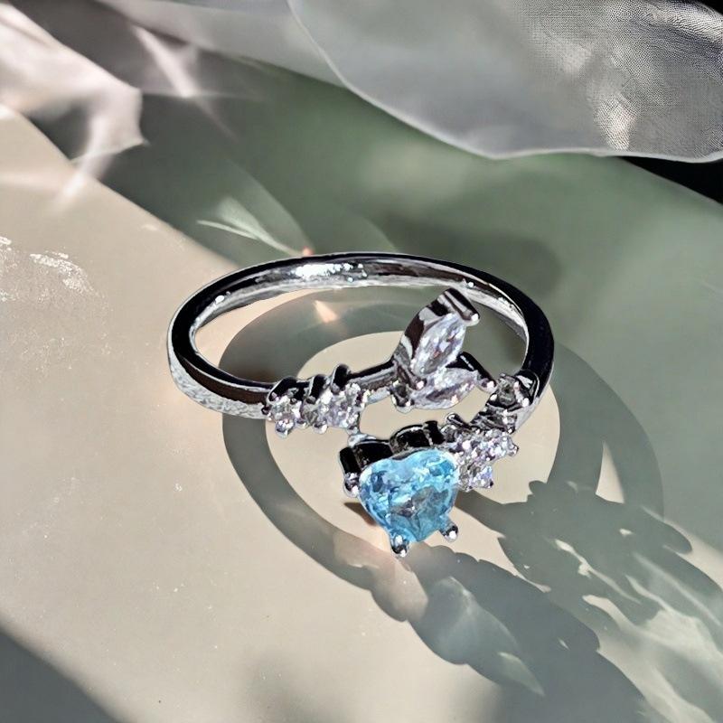 Niche Design Blue Love Zircon Fishtail Open Ring Light Luxury High Sense Pink Star Crescent Ring Woman