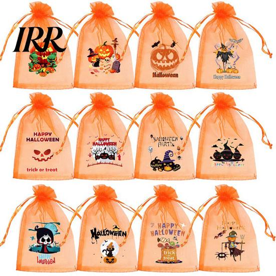Halloween Treat Pouch 12 Pcs Organza Candy Bag, Drawstring with Pumpkin Ghost Bat Print Bag Print, Sheer Favor for Party Snacks, Trick or Gift