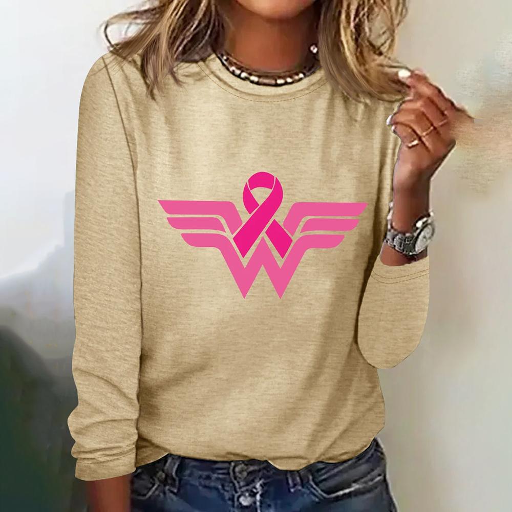 Dámské módní tričko s dlouhým rukávem a potiskem symbolu růžové stužky, podzimní, bavlněné, s kulatým výstřihem, volné topy