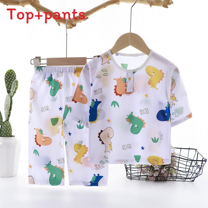 Cartoon Dinosaur Kids Sleepwear Set With Breathable Cotton Silk For Summer Comfort