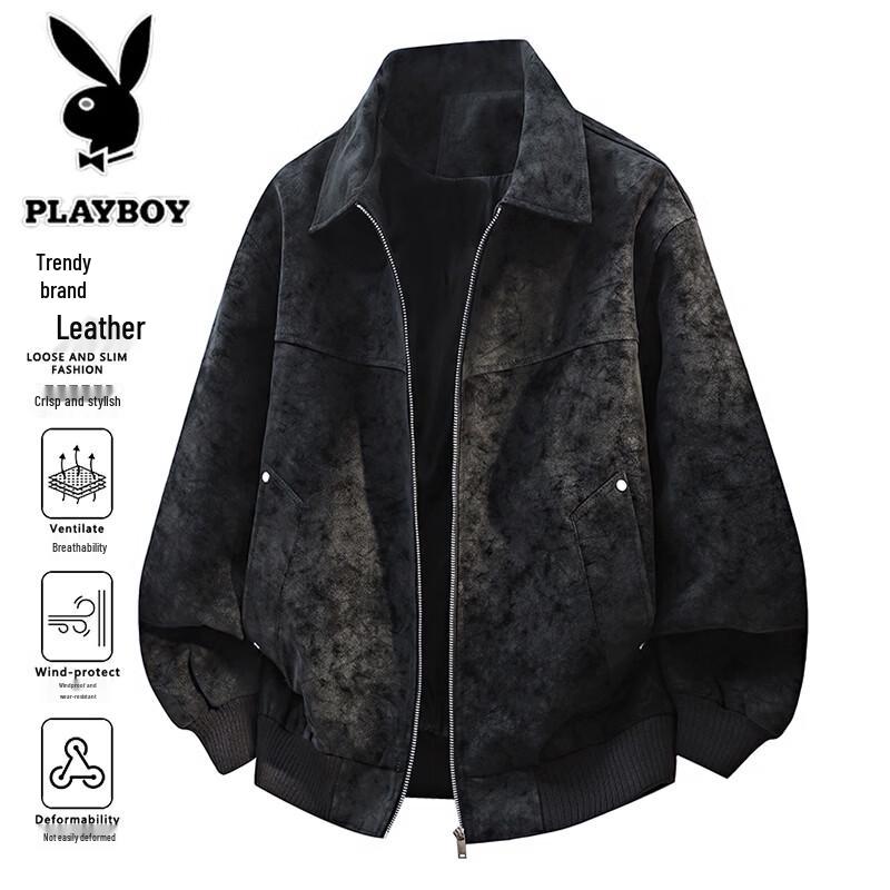PLAYBOY Men's American-Style Loose Fit PU Leather Bomber Jacket