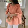 VONDA Women Round Neck Casual Long Sleeve Elegant Oversized Blouse