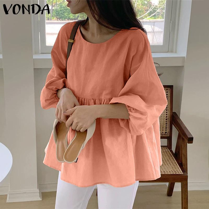 VONDA Women Round Neck Casual Long Sleeve Elegant Oversized Blouse