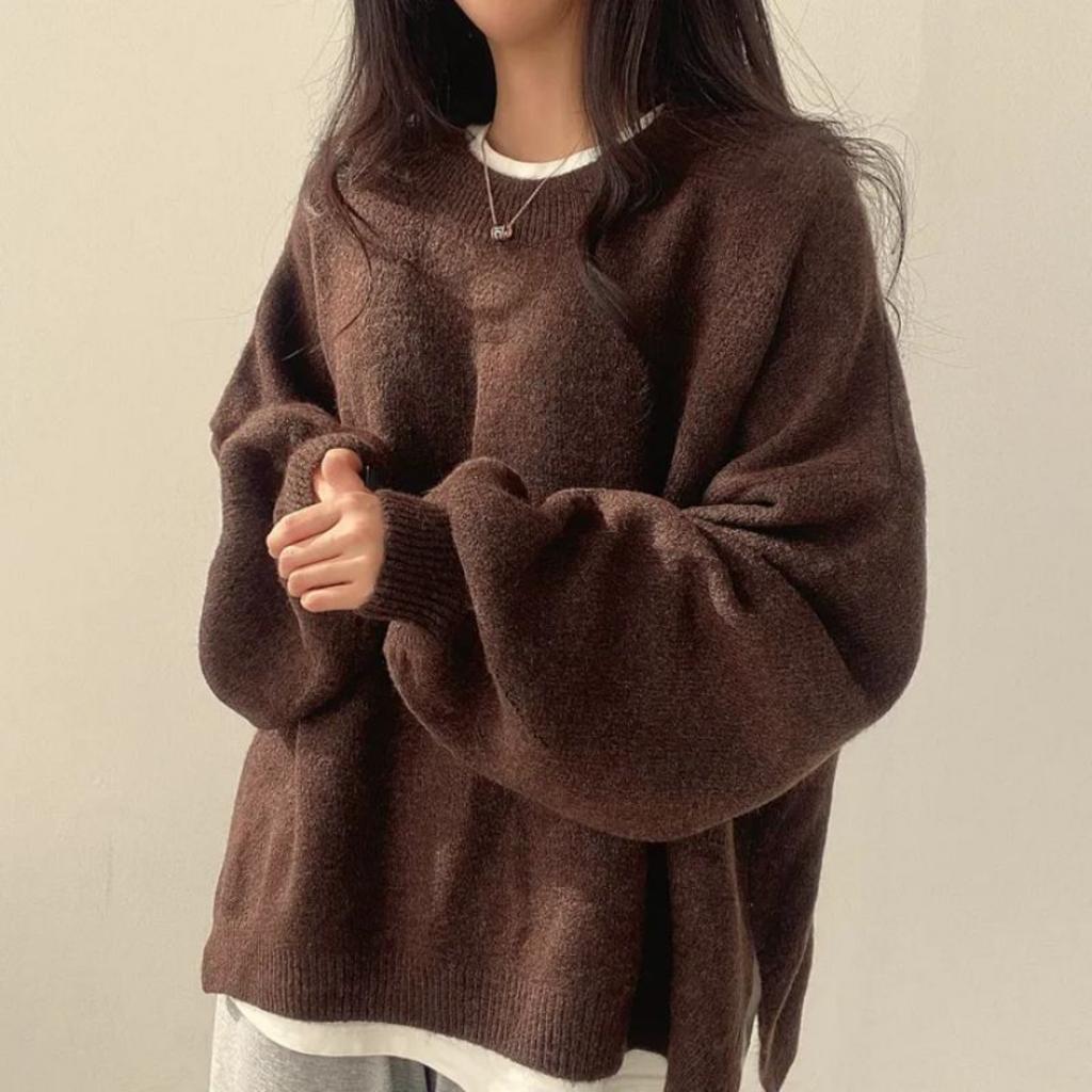 Women's Crew Neck Long Sleeve Knit Sweaters Tops Loose Fit Casual Solid Pullover Jumpers