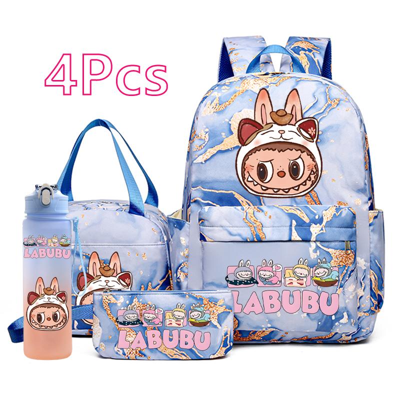 4Pcs/set Cute Anime Pirnted Backpack 750Ml Water Bottle Lunch Bag Pencil Bag Outdoor Student Girl Large Capacity Schoolbag Water Cup