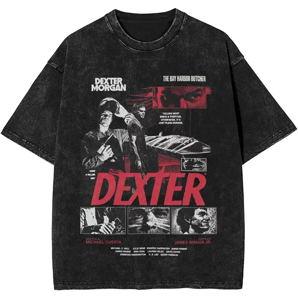 New Dexter Morgan Edition Middle Finger Retro Fashion Washed Tshirt Summer Top Cotton Mens and Womens Tshirt