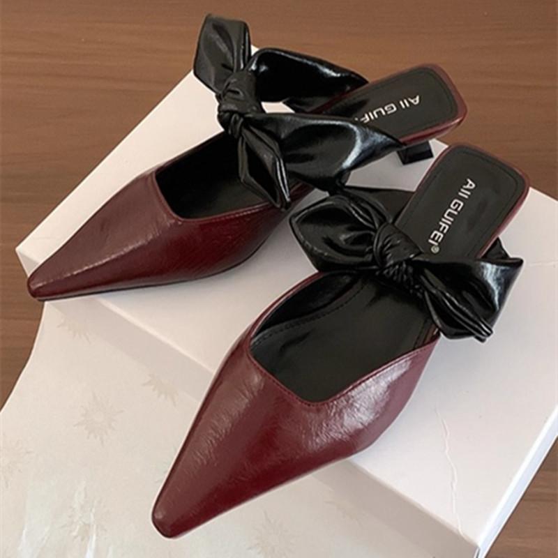 Fashion Sweet Butterfly-knot Low-heeled Slippers Women Elegant Pointed Toe Slingback Slide Sandals Comfort Concise Designer Office Shoes