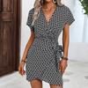 Fashion Dress with Belt Short Sleeve Floral Sundress Summer Imported Mid-Length Skirt