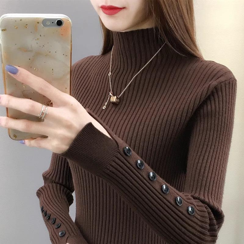 Half High Neck Sweater for Women Autumn and Winter Thick Slim Pullover Sweater Button Slit Sleeve Top Knitted Sweater for Women
