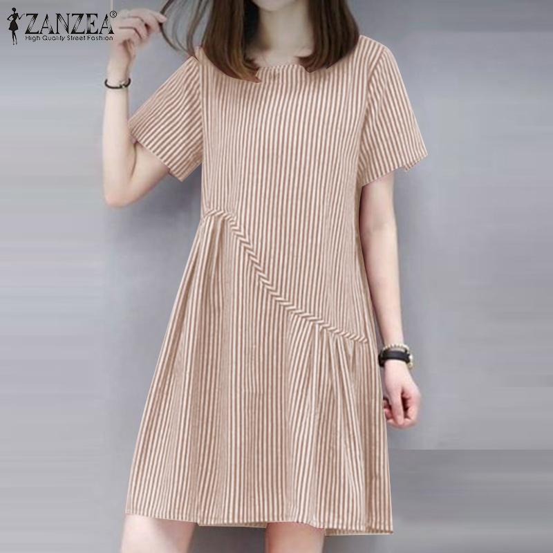 ZANZEA Women Casual Round Neck Short Sleeve Stripe Summer Dress