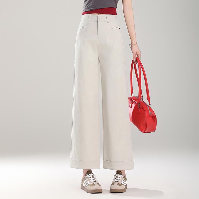 Beige Turn-Up Wide-Leg Cropped Pants - Women's 2025 Spring/Autumn Casual Loose Fit