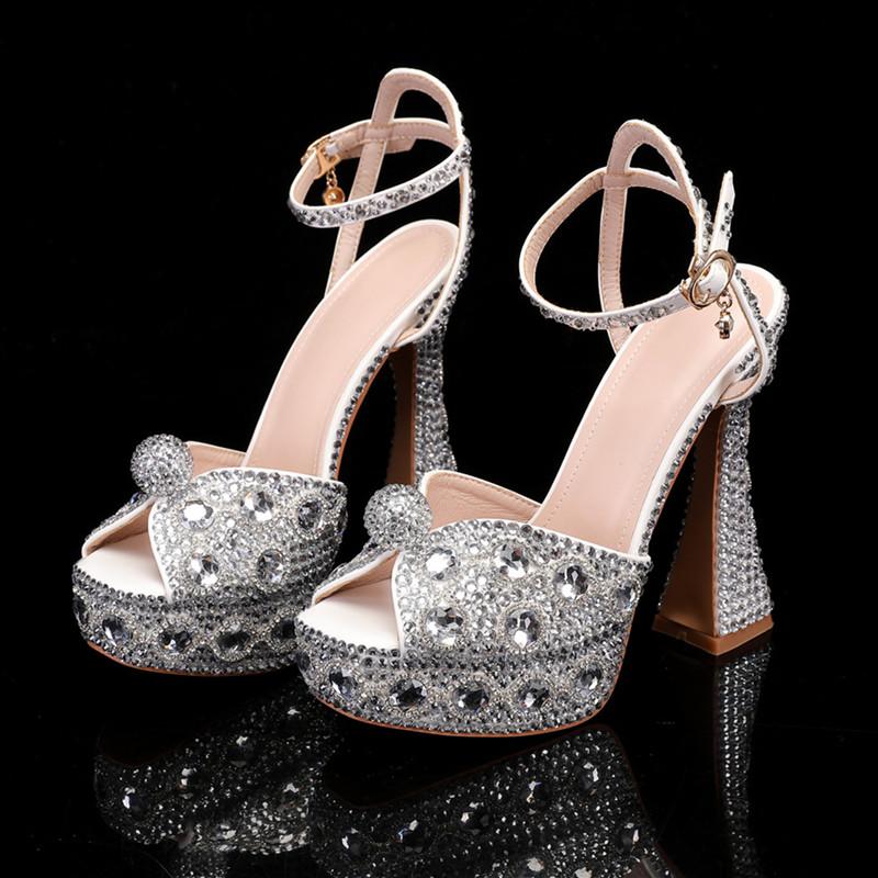 Fashion Luxury Handmade Full Rhinestones Peep Toe Women Sandals Fashion Crystal Platform Wedges High Heels Summer Wedding Sandals Shoes