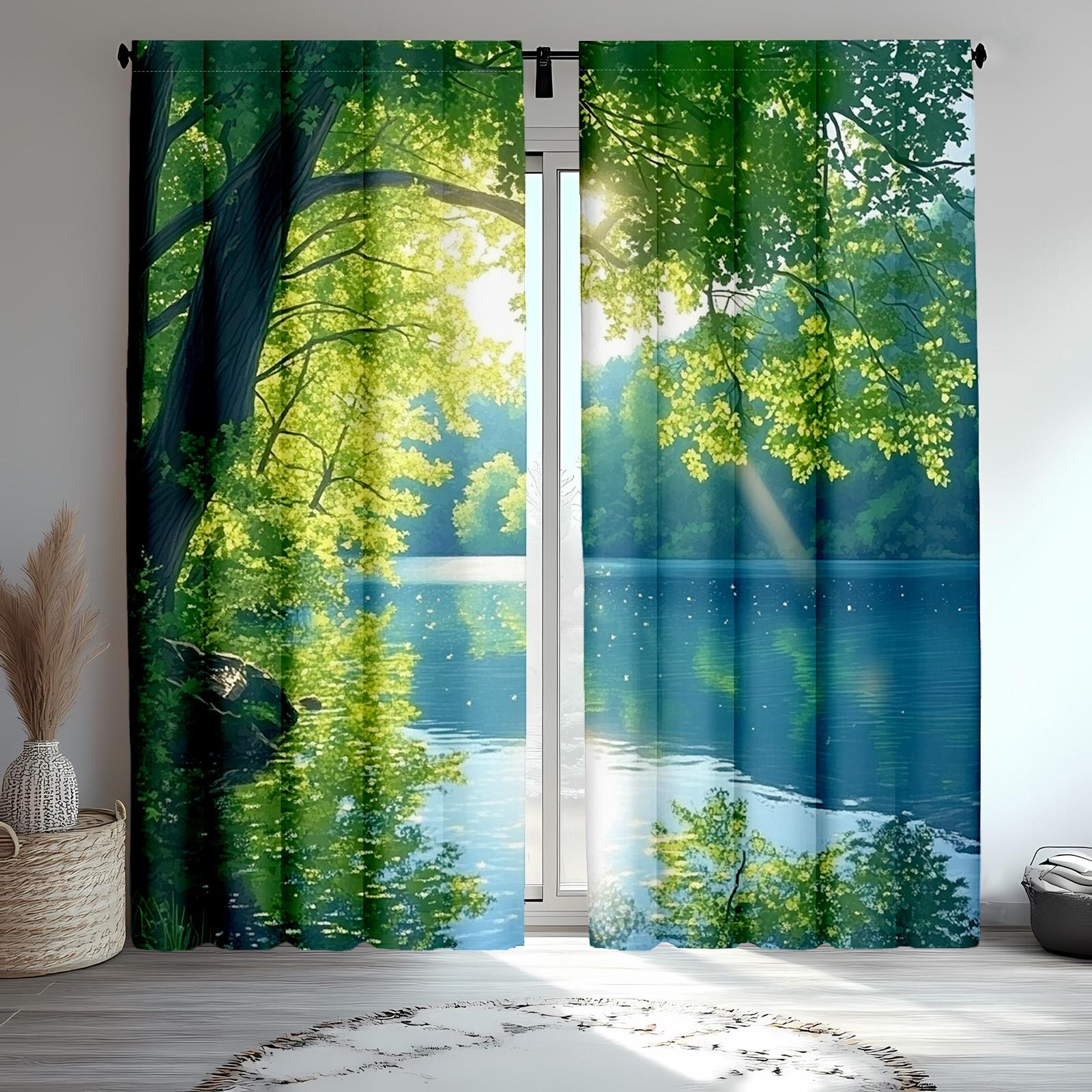 

2 шт. Шторы Green Lake Forest - Безмятежная вода и деревья, оформление окна для спальни, гостиной, кухни, офиса, домашний декор 53x116cm 2pc&Without mount