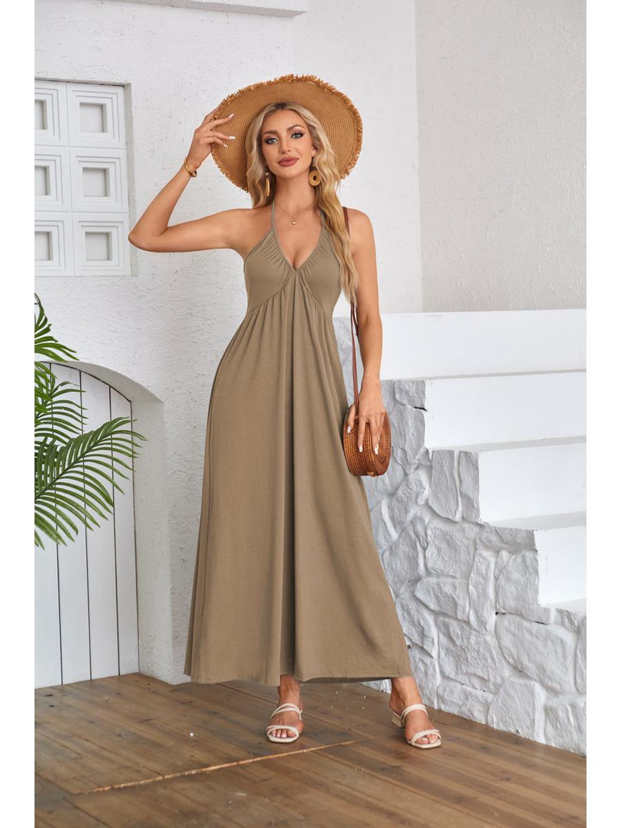 

2024 Європейська та Американська Сукня з V-подібним вирізом, халтер, з відкритою спиною, з драпіруванням, без рукавів Extra Large хакі