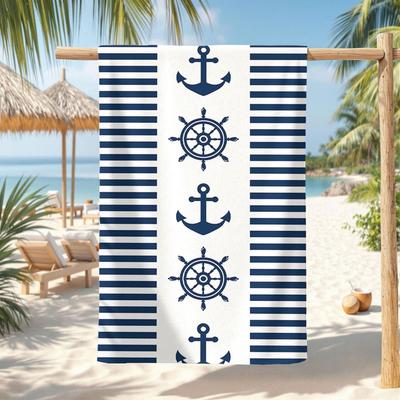 1 Stück marineblau gestreiftes Strandtuch mit Anker- und Steuerrad-Design, es hat einen klassischen maritimen Stil mit