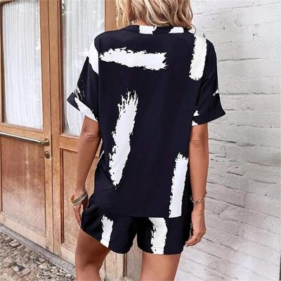 Women's New Spring and Summer V-neck Printed Fashion Elastic Women's T-shirt Set
