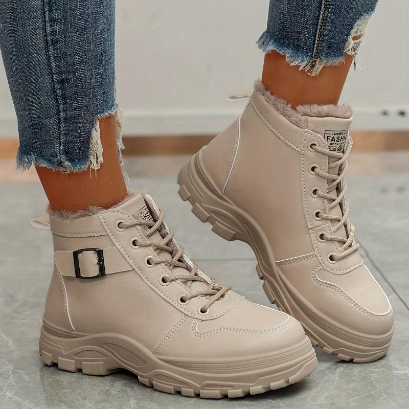 Damskor Varma Vinterkängor med Snörning och Plyschfoder Casual Platåklack Tjock Gummisula, Lätta och Varma Vinter Casual Kängor