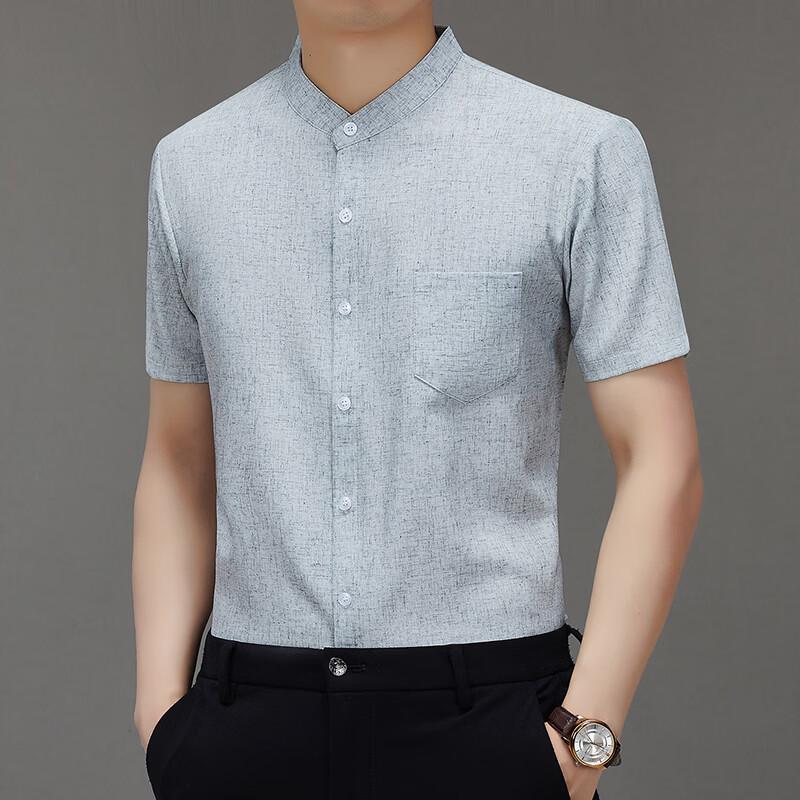 ROMON Men's Casual Linen Blend Stand Collar Short Sleeve Shirt