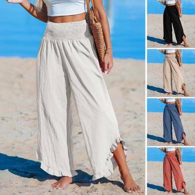 Damen Freizeithose Plissiert Elastisch Hohe Taille Weites Bein Lange Hose mit Taschen Rüschenbündchen Lockere Passform Freizeithose