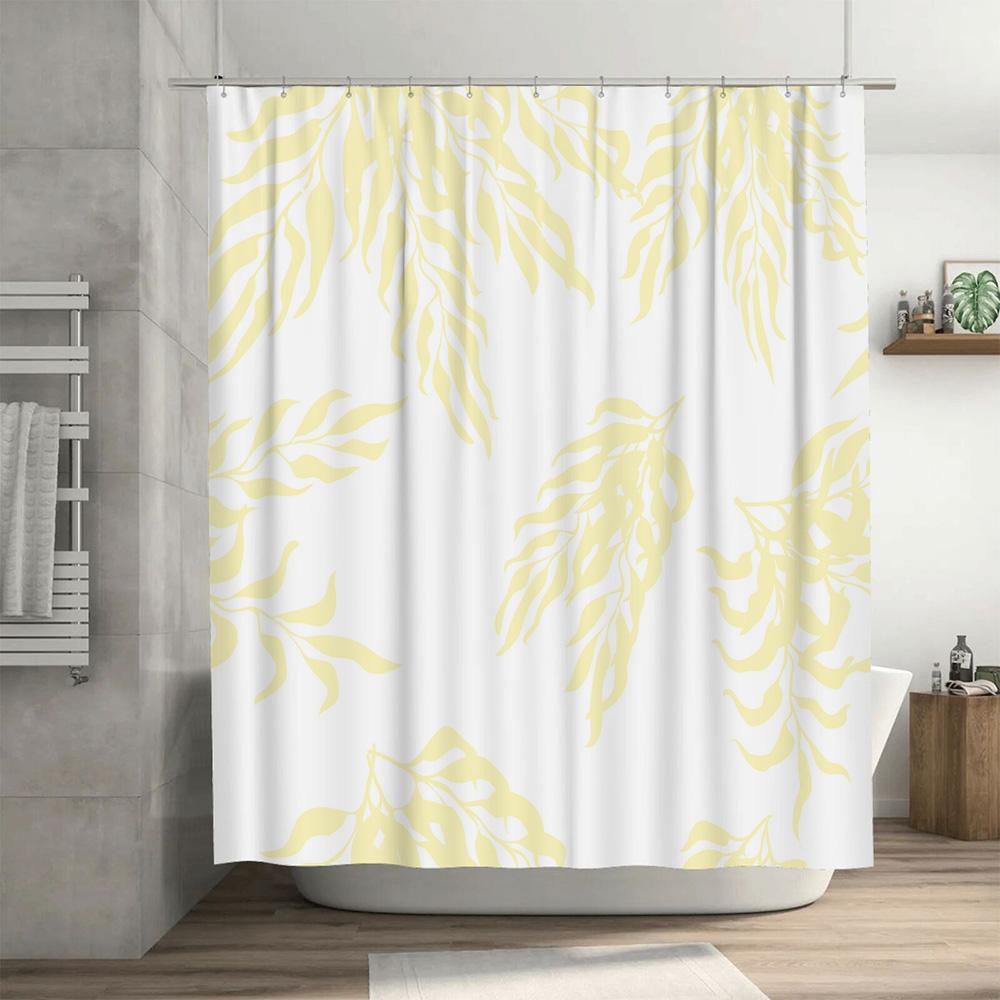 White Shower Curtain with Leaf Print Bath Decor for Home Use