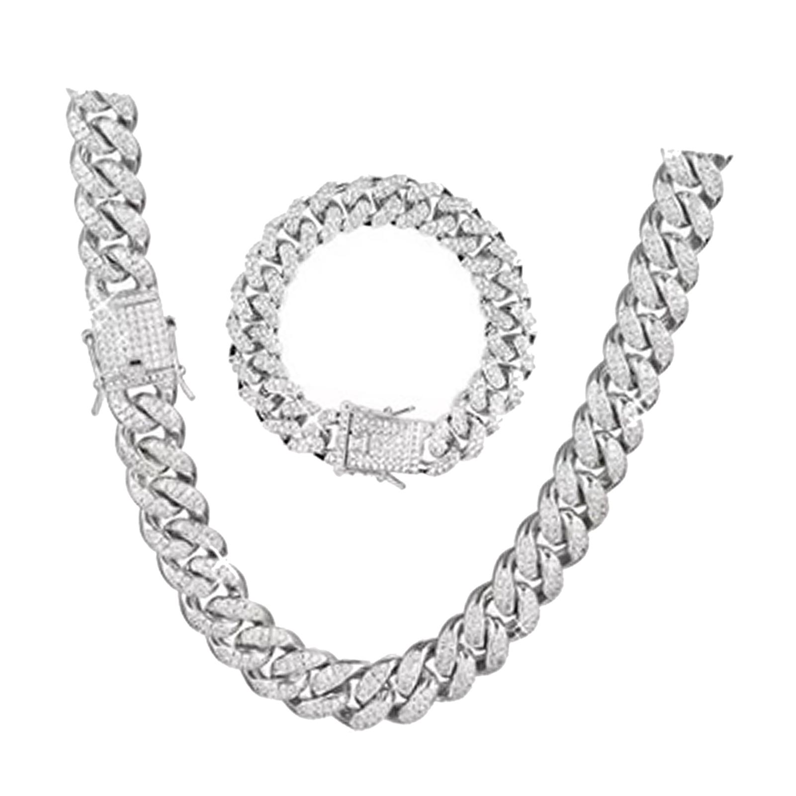 

2 шт. Набор ожерелья и браслета с кубинской цепочкой и стразами, подарок для возлюбленного/возлюбленной, на годовщину, день рождения, серебристый, 50 см, 20 см