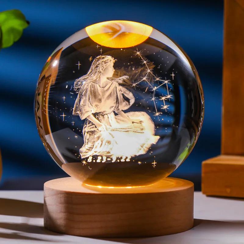 

3D Constellation Crystal Ball Night Light Laser Engraved Birthday Gift Glass Sphere Home Desktop Decoration with Wooden USB Base 6cm