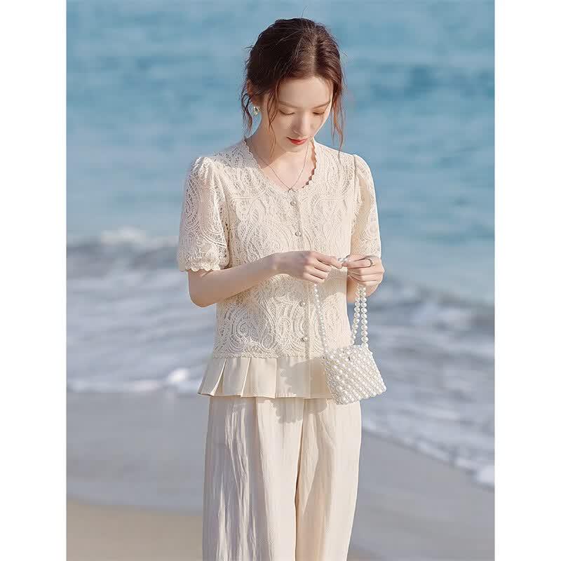 Elegant French Style Lace Patchwork Round Neck Blouse