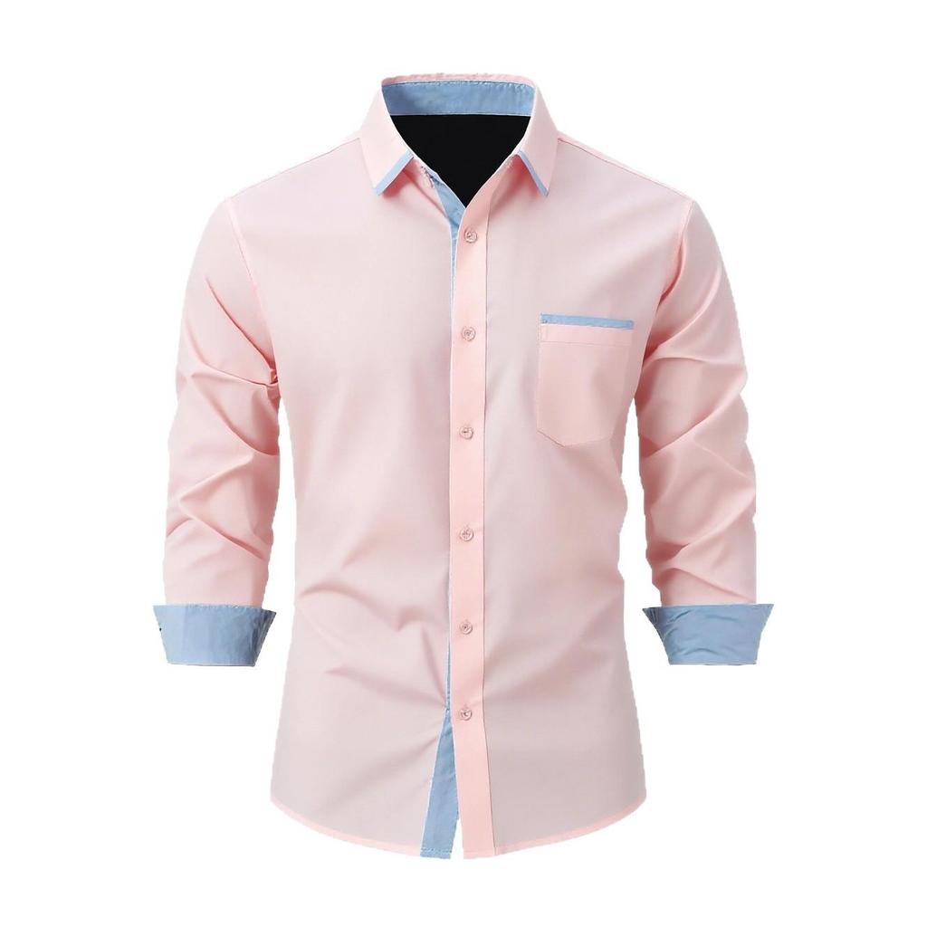 2026 Fashionable Men's Four-Way Stretch Men's Shirt Color Block Business Slim Long Sleeve High-End Shirt