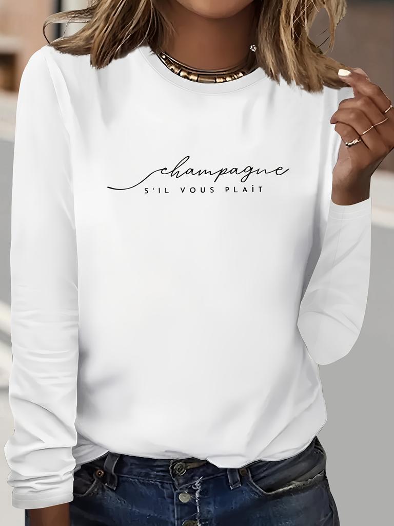 100 COTTON Women's letter print Warm base for autumn and winter Cross Printed T-shirt Casual Round Neck Long Sleeve Top