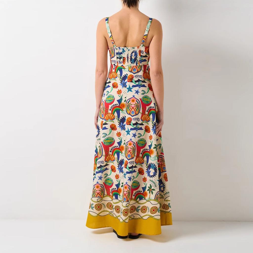 New Sexy Women's Suspender Positioning Printed Sleeveless Strappy Dress With Large Hem