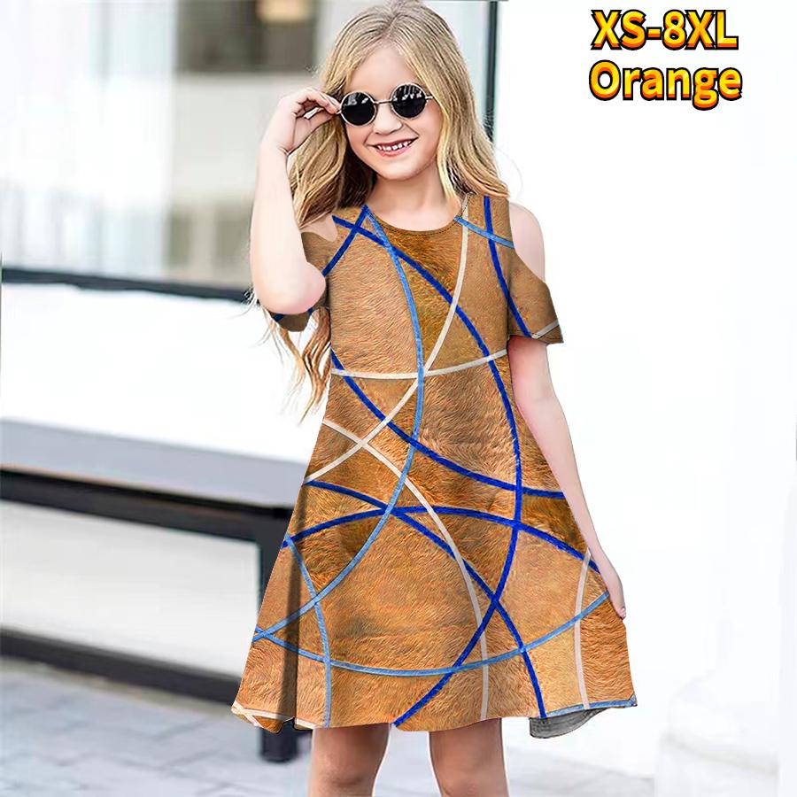 Girls Floral Line Pattern Print Dresses Kids Girl Party Off Shoulder Dress Princess Dress Short Sleeved Dress For Girl Over 4 Years