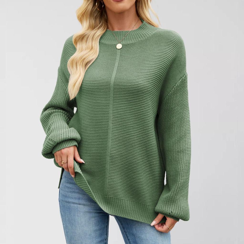 Women's Round Neck Long Sleeve Casual Loose Knit Solid Color Soft Pullover Sweater Top