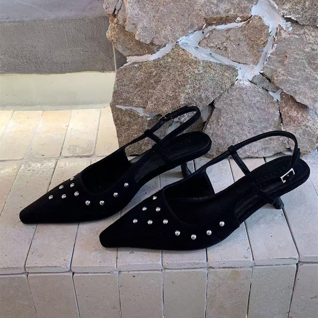 StarKeLa design pointed heels, toe sandals, spring new riveted back strap French shoes