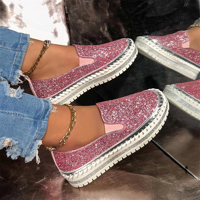 Luxury Rhinestones Women's Loafers Shoes Pink Platform Casual Women Shoes Stylish Designer Woman Slip-on Shoes Big Size 35-44