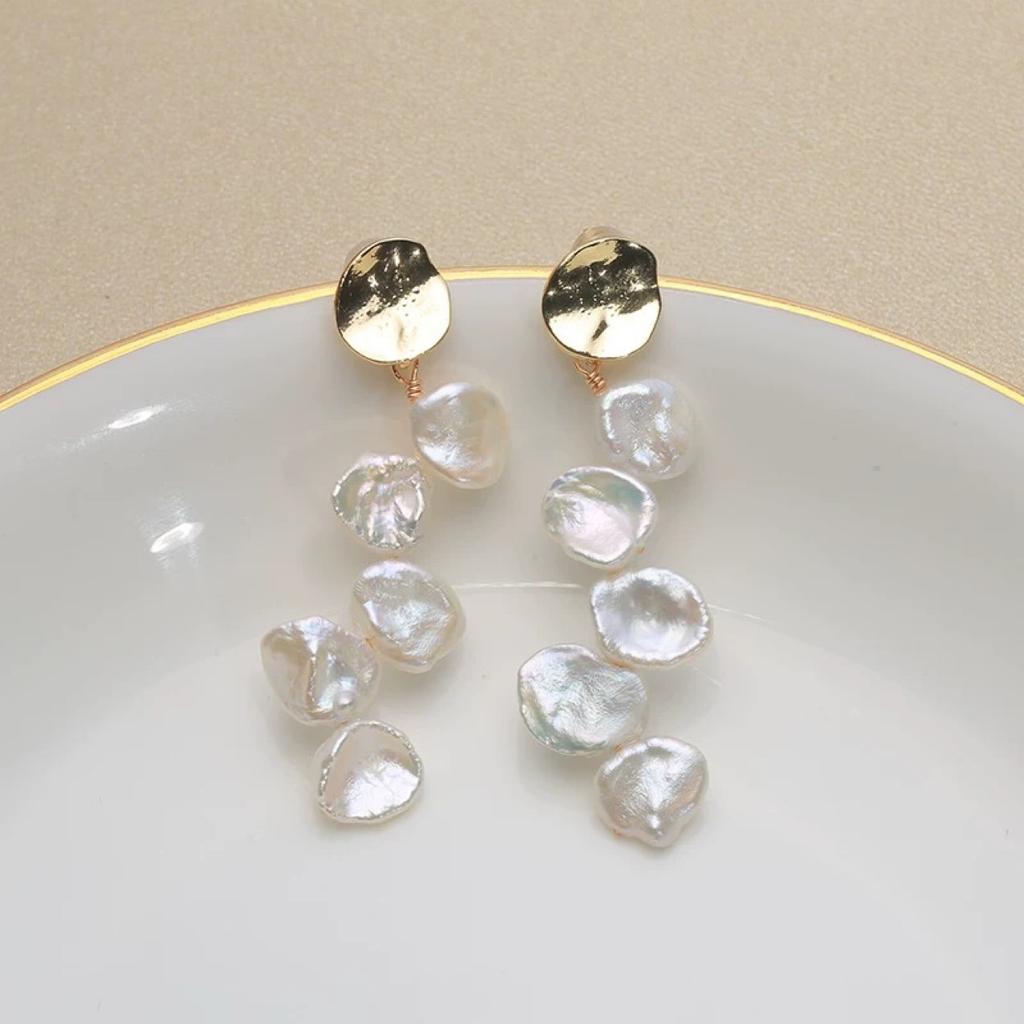 Keshi petals natural freshwater irregular shaped baroque broken silver pearl earrings French stud earrings