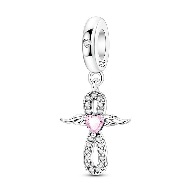 925 Sterling Copper Aircraft Travel Charms Bead Inlaid Pink Zirconium Love Heart Pendants Fit Original Bracelet Zircon Gift