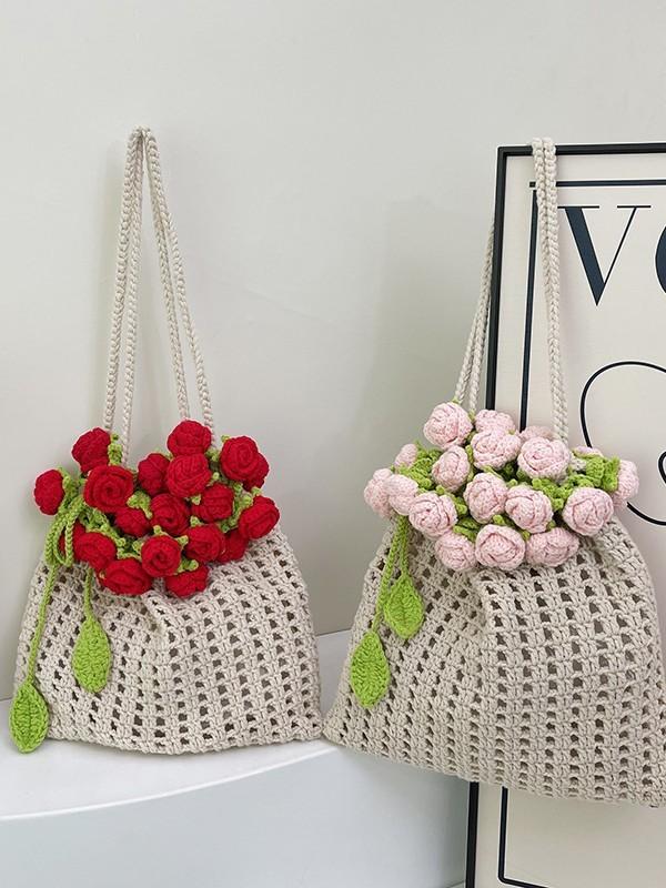 Knitted Rose Flower Bucket Bag With Drawstring Closure For Casual Daily Use